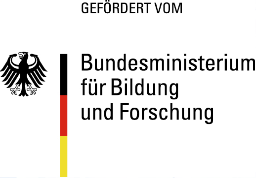 Das Logo des Bundesministeriums für Bildung und Forschung zeigt den schwarzen Bundesadler (links) und in einem vertikalen Streifen die Farben der Deutschlandflagge 