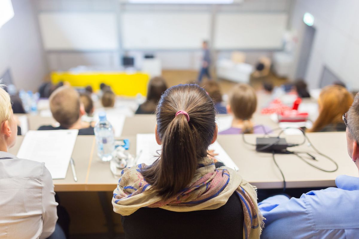 zur Vergrößerungsansicht des Bildes: Ein Vorlesungssaal. Im Vordergrund die Hinterköpfe der Studierenden, im Hintergrund verschwommen der Vortragende am anderen Ende des Raumes.