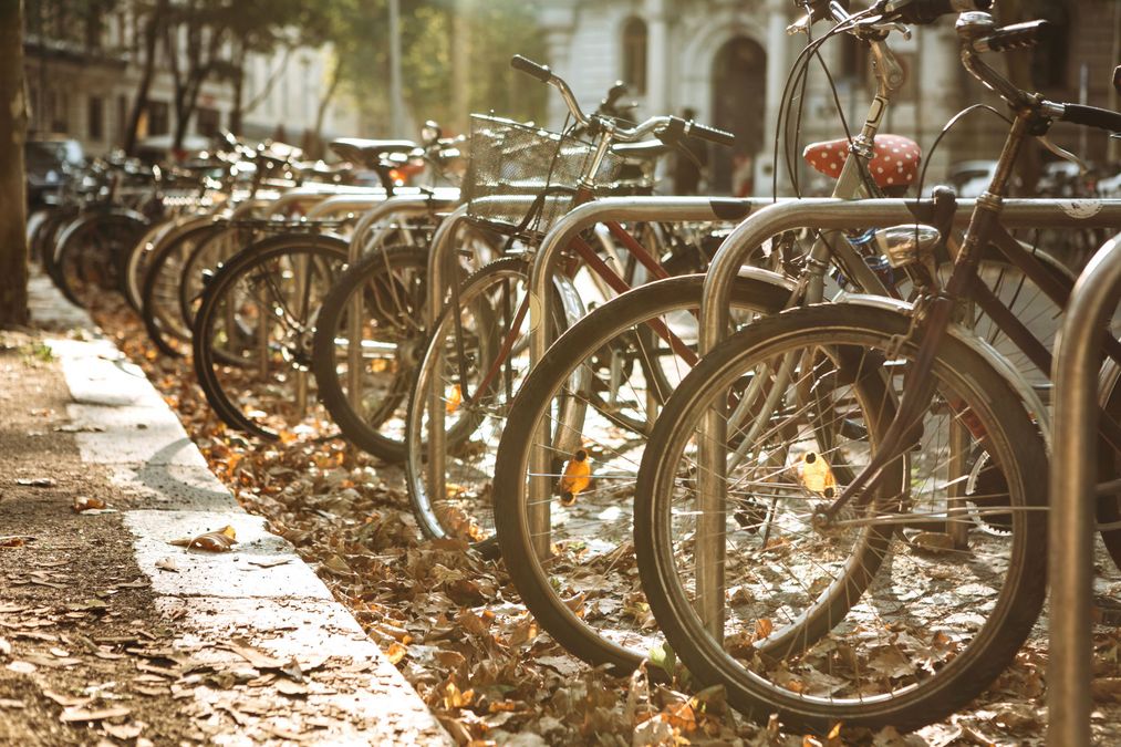 enlarge the image: Bicycles standing in a long row on bicycle stands.