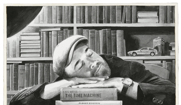 Bild in schwarz-weiß: Bilderbuchkünstler schlafend auf Bücherstapel.