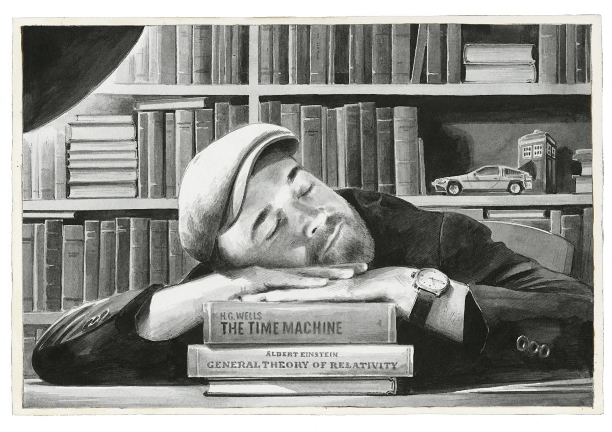 zur Vergrößerungsansicht des Bildes: Bild in schwarz-weiß: Bilderbuchkünstler schlafend auf Bücherstapel.