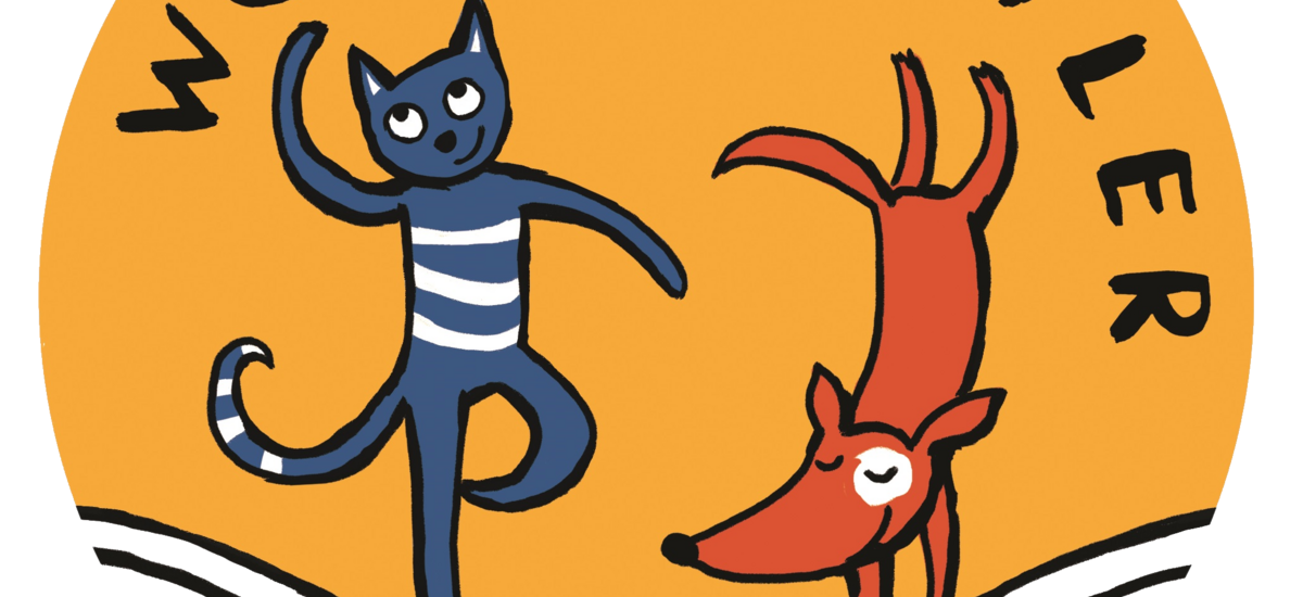 Wort-Bild-Marke zum Förderprojekt Wortkünstler: Hund und Katze auf aufgeschlagenem Buch jonglieren mit Worten