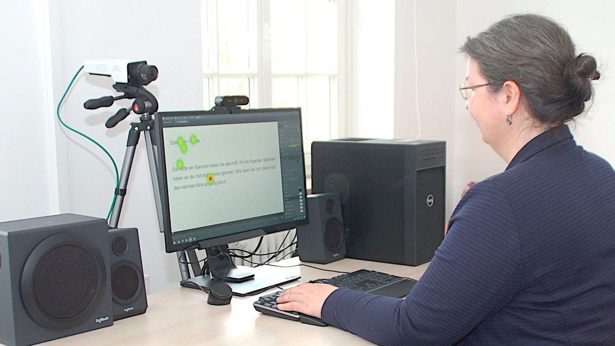Das Bild zeigt eine Person vor einem Computermonitor.
