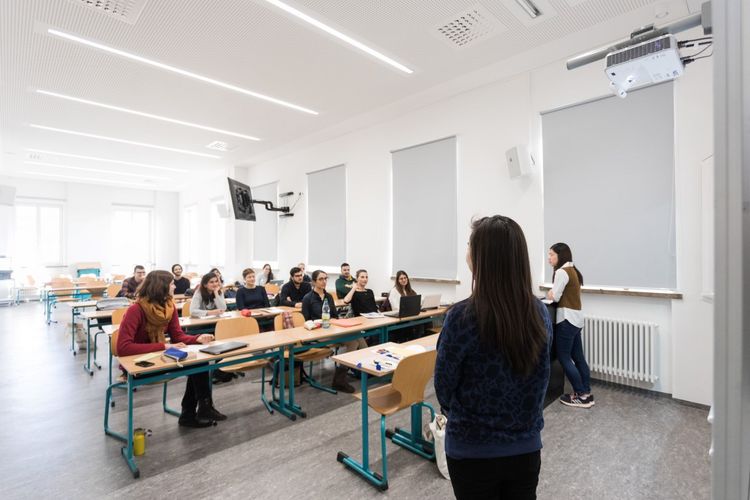 A student speaks to her seminar group in front of the blackboard, which can be seen in the background