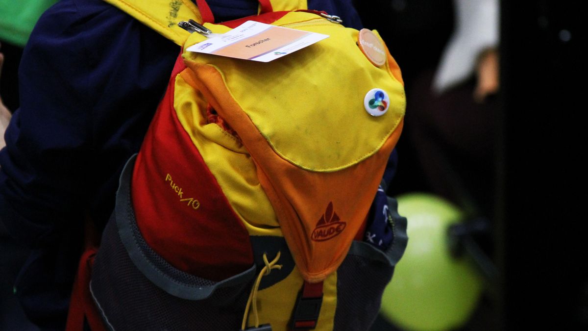Color close-up photograph of a backpack