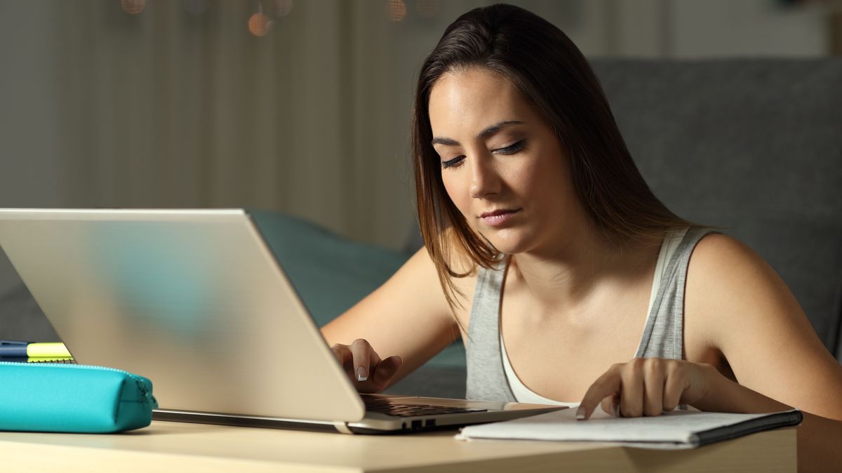 enlarge the image: Eine junge Frau sitzt vor einem Laptop und liest