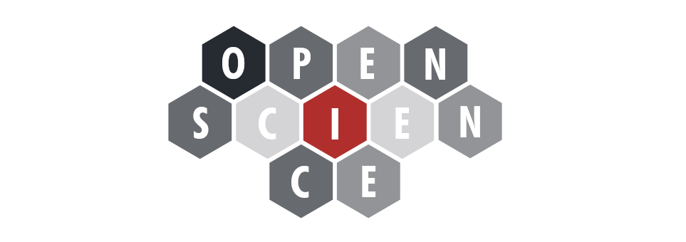 Fünfzehn Hexagone mit jeweils einem Buchstaben darauf, die die Wörter Open Science bilden.